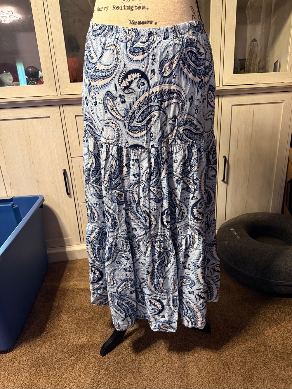 Light Blue Paisley Tiered Maxi Skirt